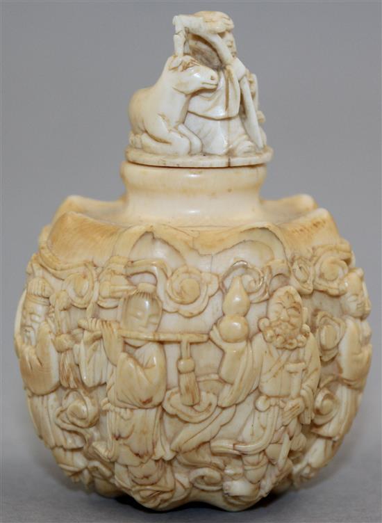 A rare Chinese ivory eight immortals snuff bottle and stopper, 1800-1900, 6.5cm, Richards collection